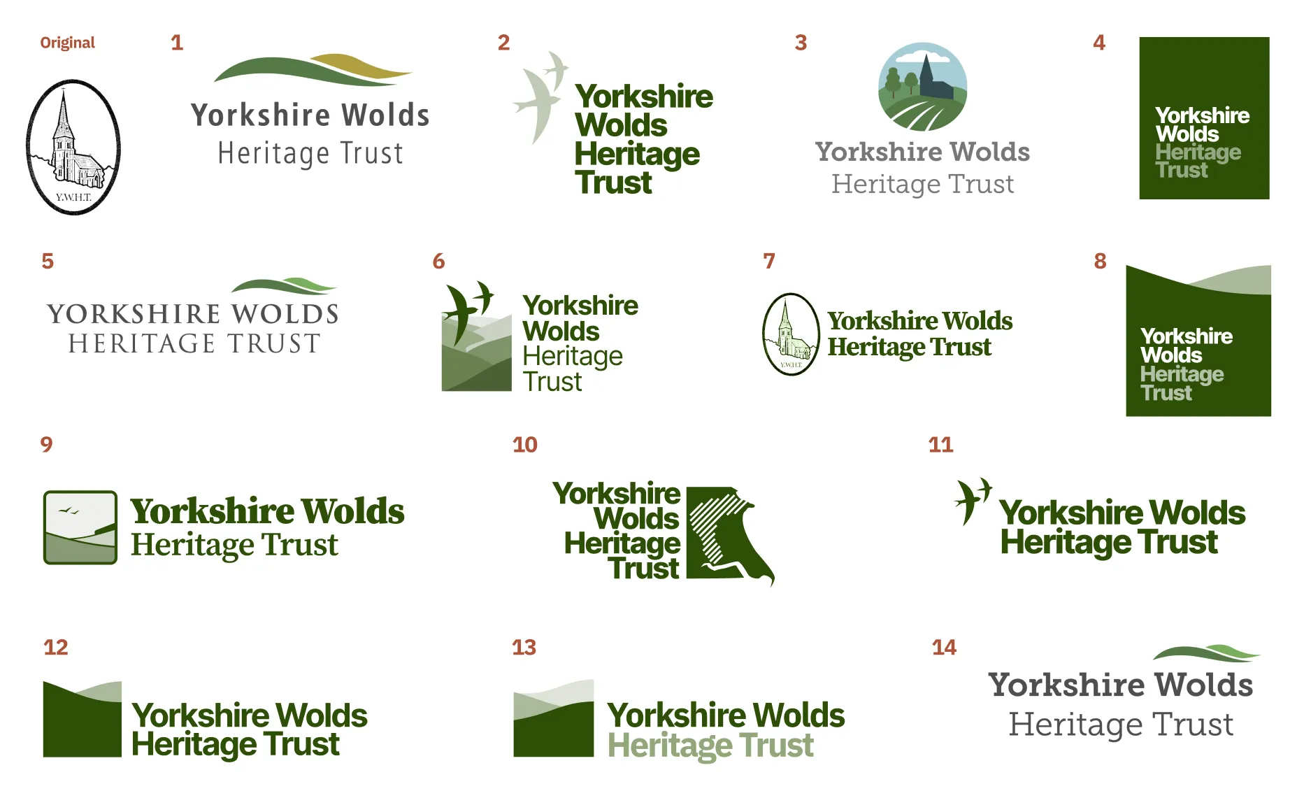 A numbered selection of logo ideas for the Yorkshire Wolds Heritage Trust